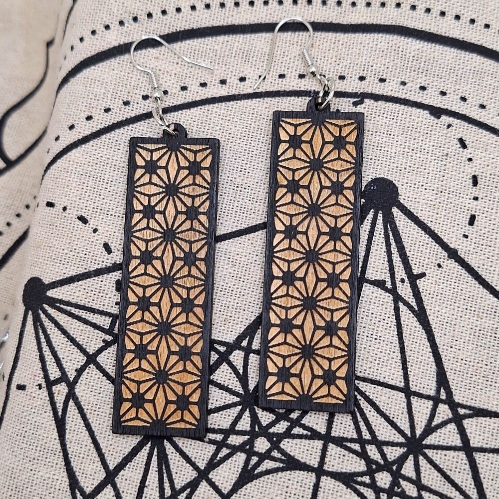 Laser engraved earrings rectangle long wood lightweight earrings abstract print